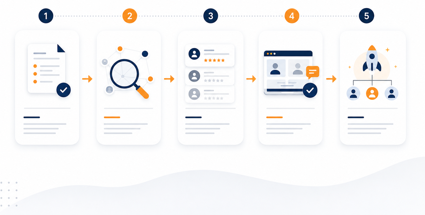 Five-step process illustration from role brief to candidate shortlist