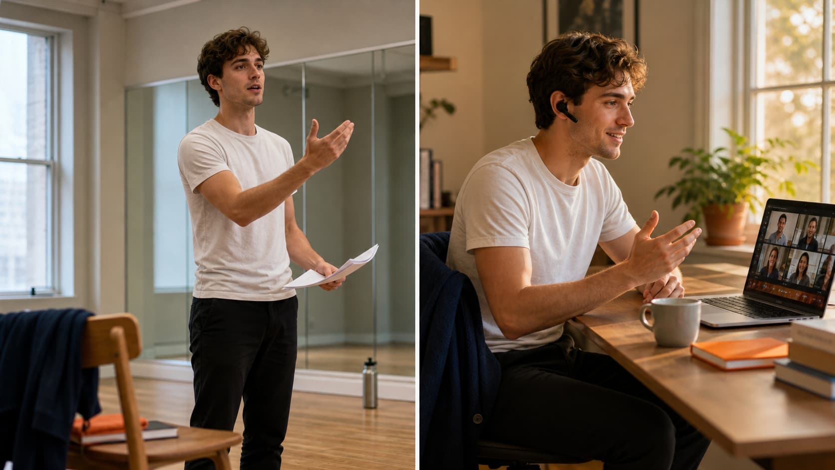 Drama student rehearsing in front of a mirror on one side and closing a video sales call with a US company on the other