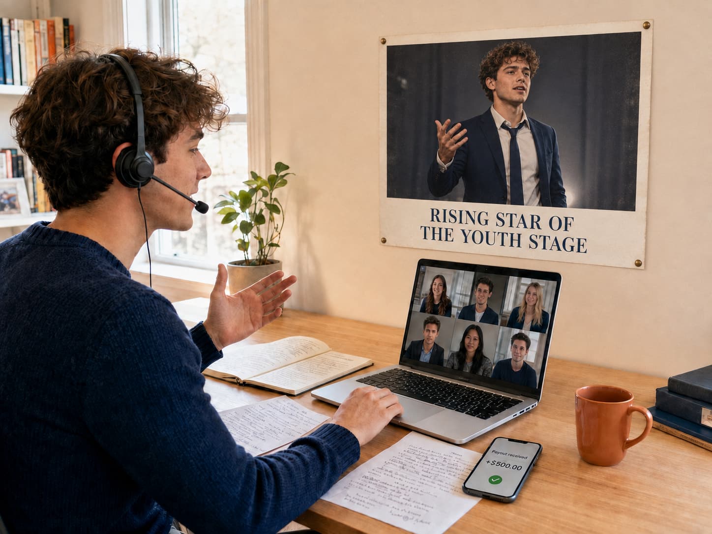 Performing arts student running a discovery call with a US company client from a small home studio setup